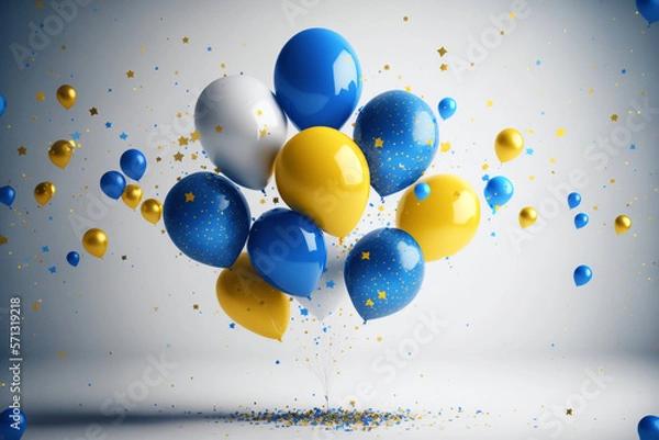 Fototapeta Banner for the holiday with a background of blue and yellow balloons. AI Generated.