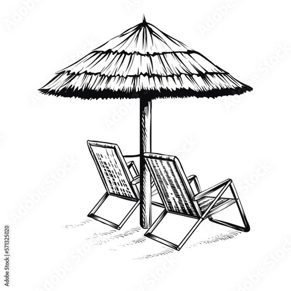 Fototapeta Beach umbrella with pair of sun loungers, black line sketch isolated on white background. Parasol and beach chairs, vector illustration.