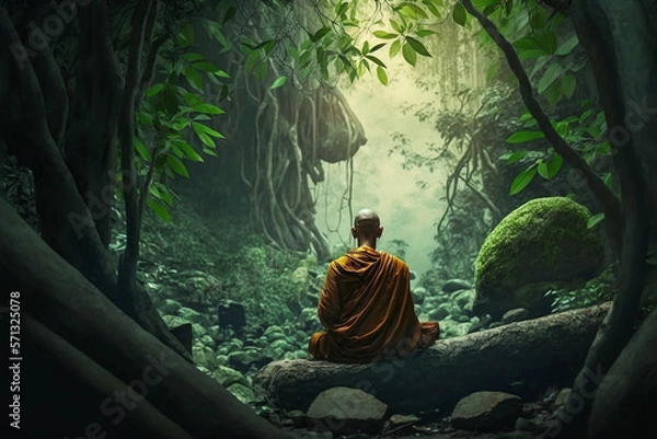 Fototapeta tibetan monk sitting on a stone meditating in a mountain valley, rear view, Generative AI