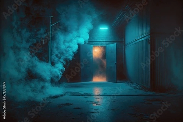 Fototapeta an empty dark scene of a smokey dark empty street alley in the light of neon and spotlights with smoke float up generative ai illustration	
