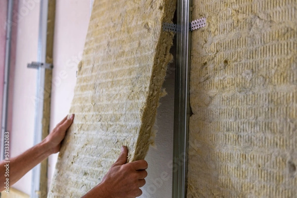 Fototapeta Worker insulating a room wall with mineral rock wool thermal insulation.