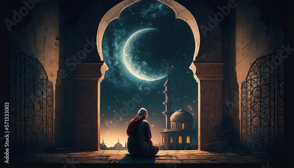 Fototapeta muslim old man praying on a mosque with starry and crescent moon moon night. Generative AI