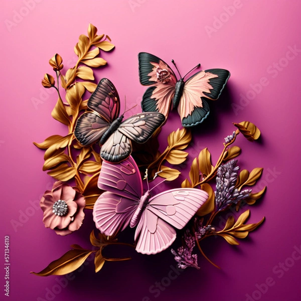 Fototapeta Butterflies on a pink background. Generative AI.