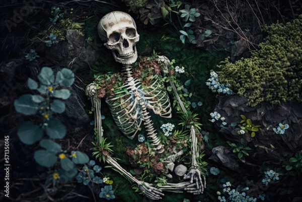 Fototapeta old skeleton with grass weeds and fungi growing on it made by generative ai