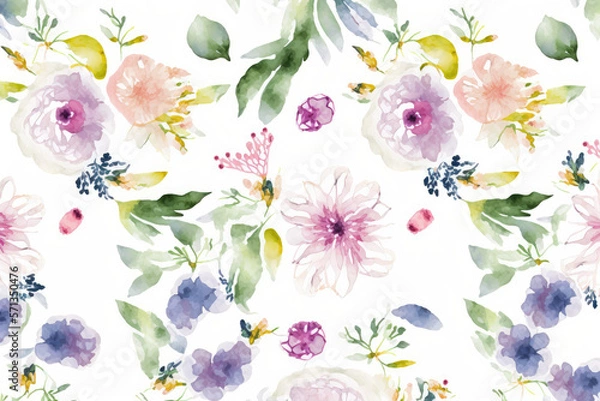 Fototapeta repeating pattern of watercolor flowers with a white background made by generative ai