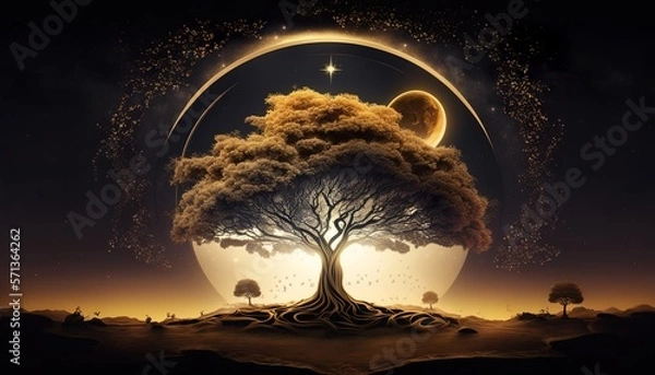 Fototapeta beautiful landscape from gold lightning background with rock and grass