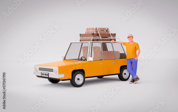 Obraz Cartoon Character Person Near Orange Cartoon Toy Car on a white background. 3d rendering