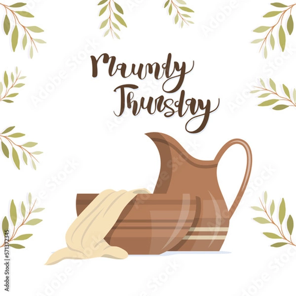 Fototapeta Maundy Thursday banner with Basin, towel and clay jug with handle