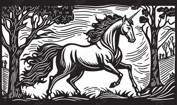 Obraz Trendy black and white illustration of a linocut art or colouring page of a unicorn