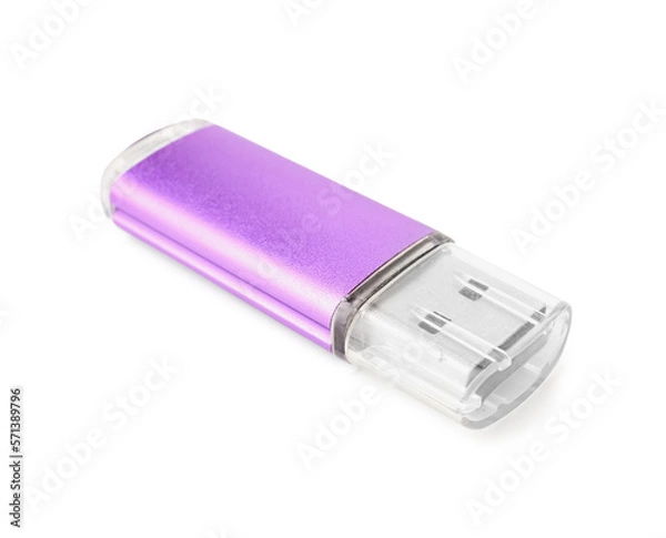 Fototapeta Violet USB flash drive on white background