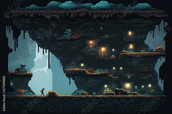 Fototapeta Illustration of a platform game level design - Created with Generative Ai