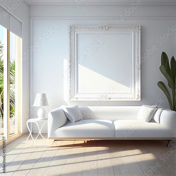 Obraz Frame mockup in living room. Wall art framed canvas poster mockup. Generative AI