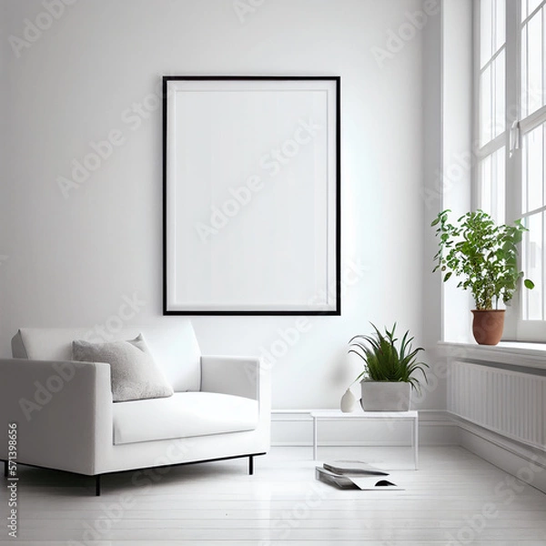 Obraz Frame mockup in living room. Wall art framed canvas poster mockup. Generative AI