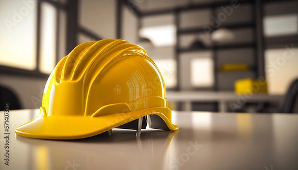 Fototapeta  Close-up on one safety matte yellow plastic helmet on a metal table indoors with a clean cold modern industry background.	