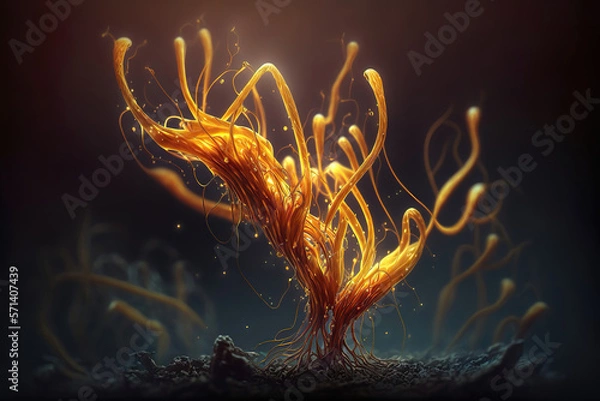 Fototapeta abstract illustration of cordyceps mushroom fungus hypha mycelium tendrils, generative ai