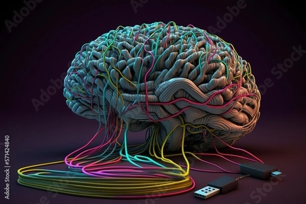 Fototapeta Human brain connected to a computer with wires. Cyber brain. Generative art.