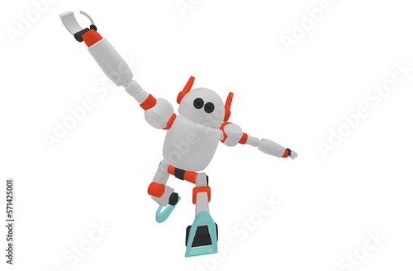 Fototapeta Cute robot with hand up and jumping in the air white background. Technology concept. 3d rendering
