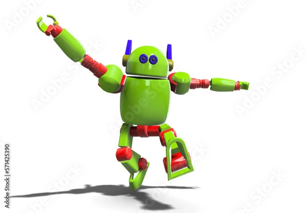 Fototapeta Cute robot with hand up,foot up and jumping in the air white background. Technology concept. 3d rendering