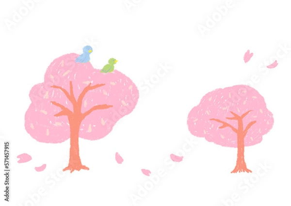 Fototapeta Cherry tree(sakura) with birds perched and dancing petals Cute hand-drawn illustration set of colored pencils/crayons / 鳥がとまっている桜の木と舞う花びら 色鉛筆/クレヨンのかわいい手描きのイラストセット