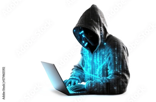 Fototapeta hacker in hoodie and  mask that hides his face works at laptop. PNG isolated on transparent background. Post-processed generative AI