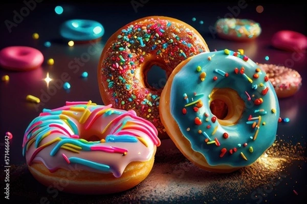 Fototapeta Donut Donuts Doughnut Doughnuts Glazed Frosted Sprinkles Jelly Filled Colorful Delicious Party Lights Dessert Celebration Background Image