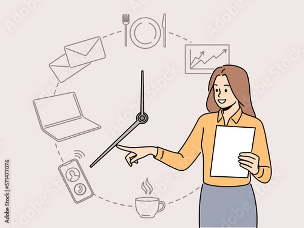 Fototapeta Smiling businesswoman with clock pointing at different activities. Happy female employee or worker engaged in time management. Vector illustration. 