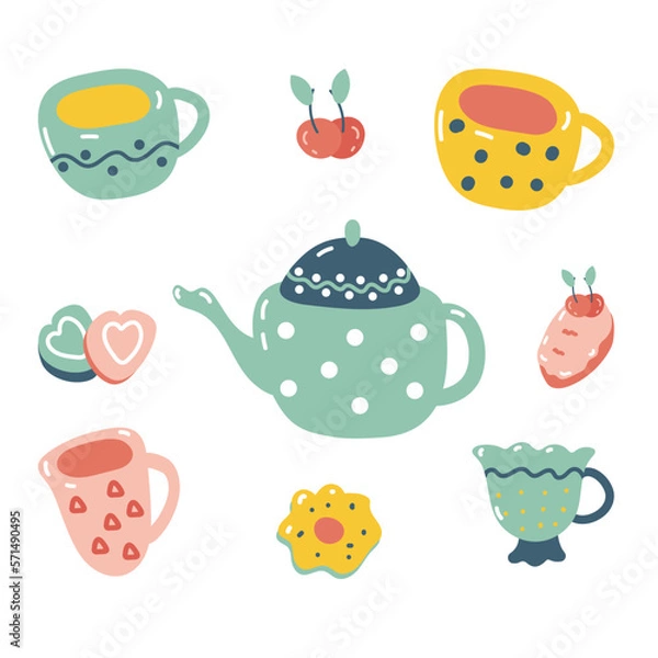 Fototapeta Vector set with cups, teapot and sweets. Collection of mug, cups and sweets in flat style