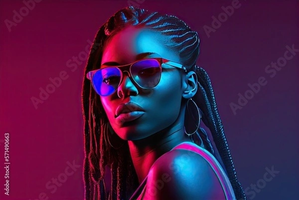 Fototapeta Fashion girl portrait with round sunglasses poses in neon light in the studio - generative ai