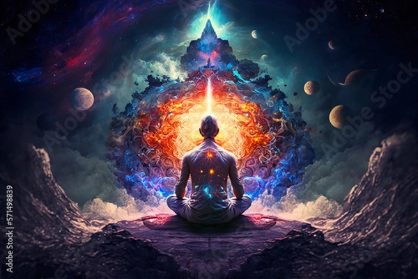 Fototapeta Rear view of a Man sitting in a yoga lotus pose doing meditation and his soul connection to surreal cosmic space. Generative AI	
