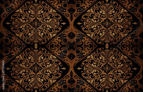 Fototapeta Golden and black seamless fabric pattern. Abstract traditional folk antique vintage retro ethnic graphic line. Fabric textile vector illustration ornate elegant luxury style. Art print for background.