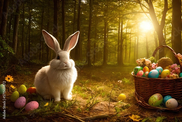 Fototapeta cute easter bunny in forest with easter eggs