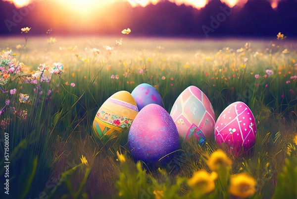 Fototapeta easter eggs in grass, A springtime meadow with Easter eggs and flowers, pastel colors, soft lighting