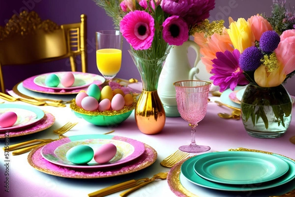 Fototapeta A festive Easter brunch table, pastel colored tableware, bright and airy lighting