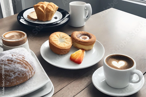 Fototapeta A refreshing morning routine with coffee and pastries, soft lighting, cozy and rejuvenating mood