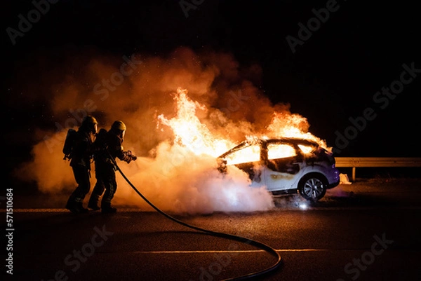 Obraz Feuerwehr löscht brennendes Auto