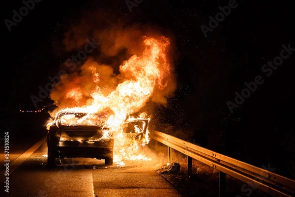 Obraz Feuerwehr löscht brennendes Auto