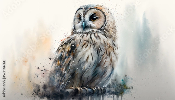 Obraz Little Cute Owl watercolor paint art on white. Generative AI
