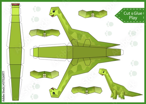 Fototapeta Kids craft template. Create to cut and glue a paper 3d dinosaur. DIY papercraft cutout puzzle toys. Activity worksheet for children. Vector printable education game. Birthday decor. 