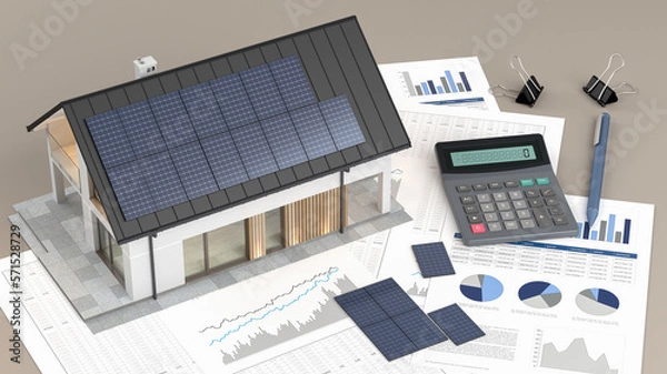 Fototapeta House with photovoltaic solar panel and calculator and documents - 3d illustration