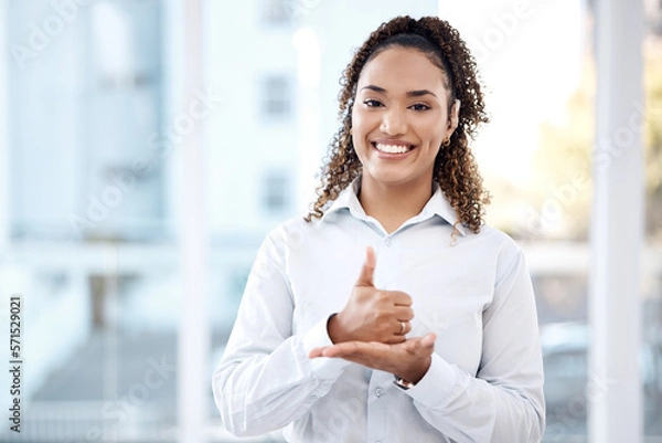 Fototapeta Help, black woman portrait and sign language with deaf person thumbs up hand. Face of model with hearing disability, symbol and communication for support, charity and assistance with mockup space
