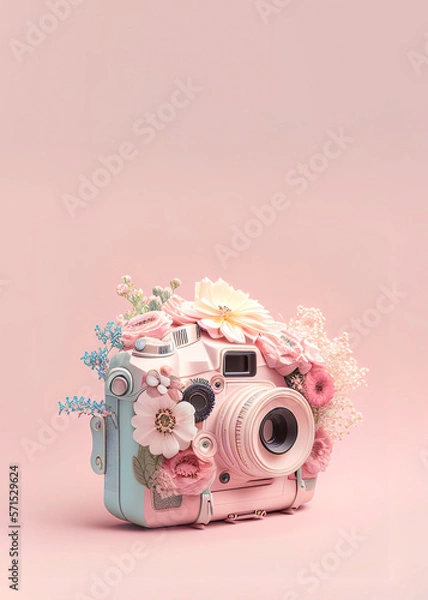 Obraz Pastel pink retro technological concept of a vintage camera with fresh spring flowers. Illustration, Generative AI.
