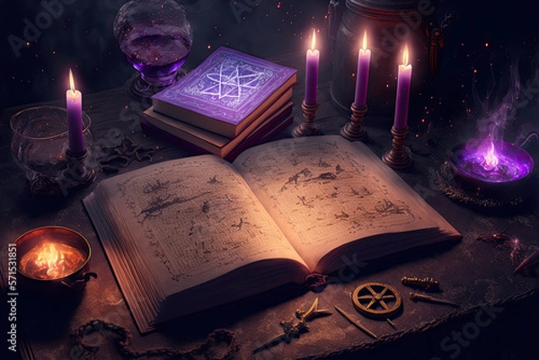 Fototapeta Magic old book of witchcraft with candles on the table. Dark fantasy illustration. Generative AI