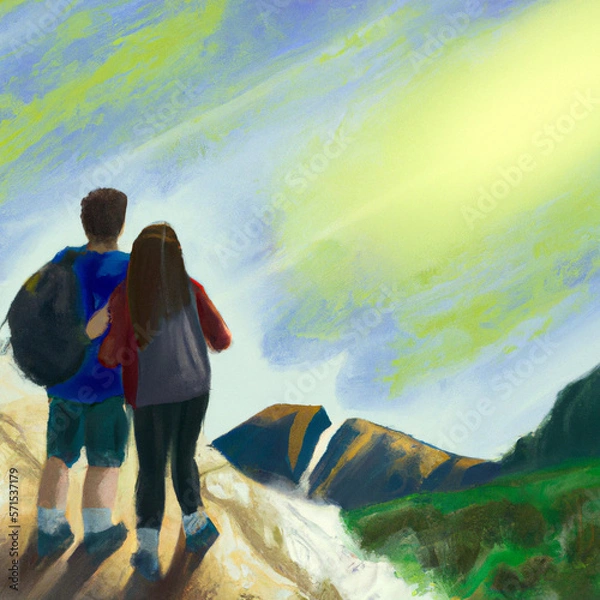 Fototapeta A couple backview hiking in the great outdoors painting  created with Generative AI technology	