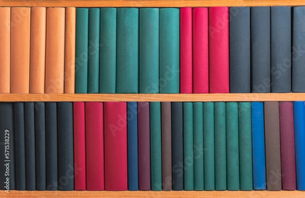 Fototapeta bookcase with books with different colored spines