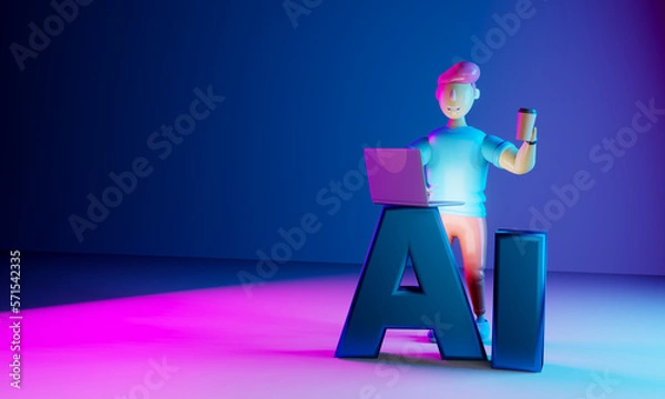 Obraz 3d render. A character with a laptop is studying a neural network. AI artificial intelligence.
