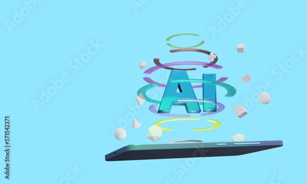 Obraz 3d render. Ai sign and flying phone in space
