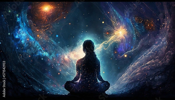 Obraz universe meta human goddess spirit silhouette on galaxy space background, new quality colorful spiritual stock image illustration wallpaper design, Generative AI  