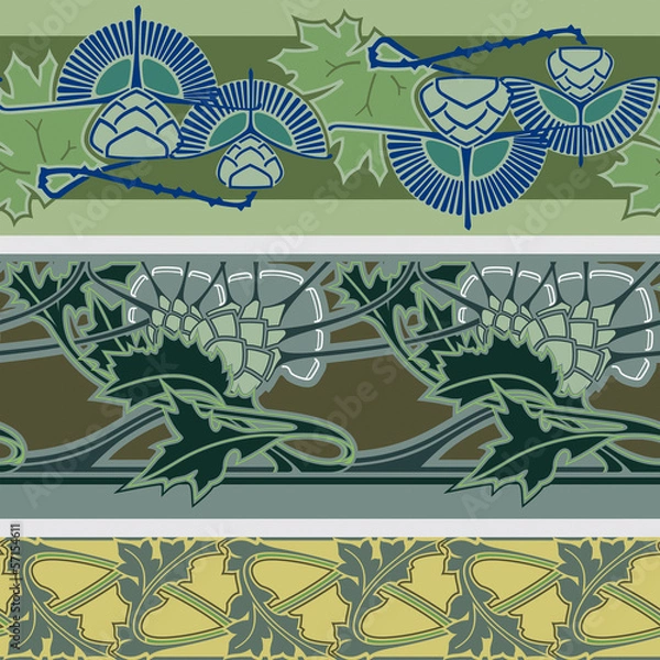 Fototapeta Thistle vector seamless decorative strip set. Thistle vector sea