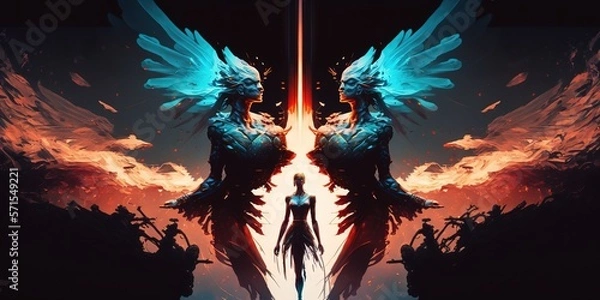 Fototapeta Illustration of twin gods. Gemini Zodiac Sign. Fantastic scenery. Concept. Generative AI Illustration