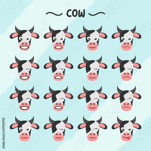 Fototapeta Collection of cow facial expressions in flat design style